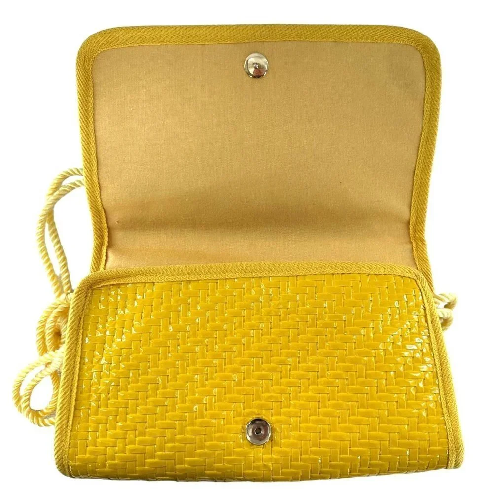 Vintage 90's Lord & Taylor Bright Yellow Woven Wicker Shoulder Bag Crossbody Y2K